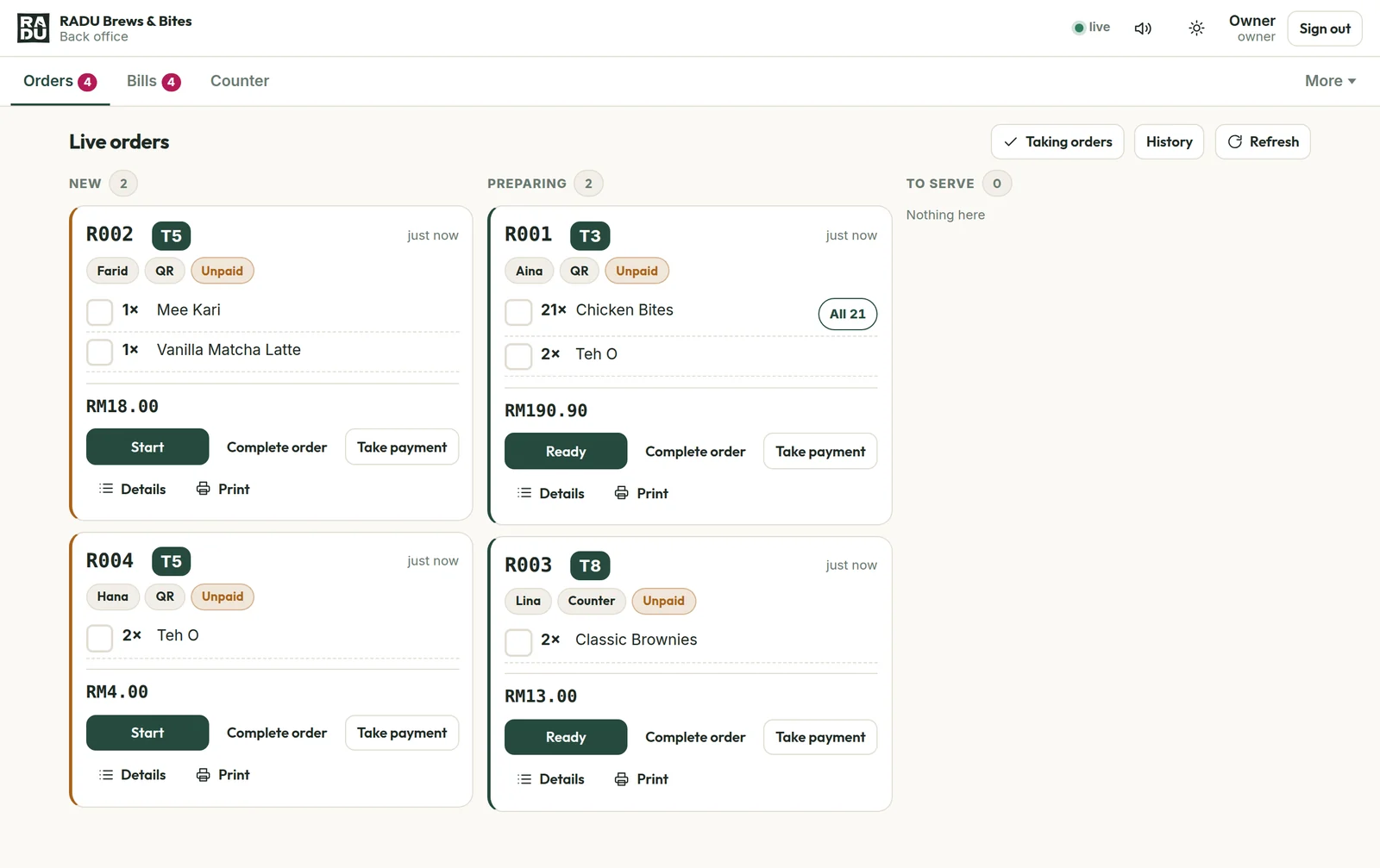 Live orders board at the RADU counter